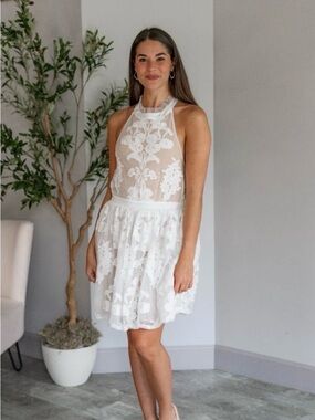 Promesa White Lace Halter Mini Dress
